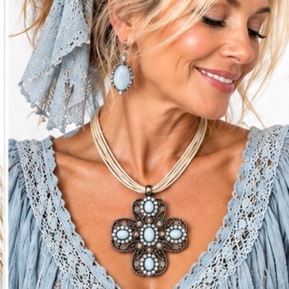 Cross Statement Pale Blue Cord Necklace Antiqued Bronze Filigree Cabochons Boho